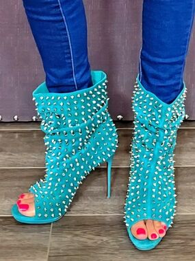 Christian Louboutin Aqua Suede Silver Spiked Open Toe Ankle Boots Size 38 US 7-9